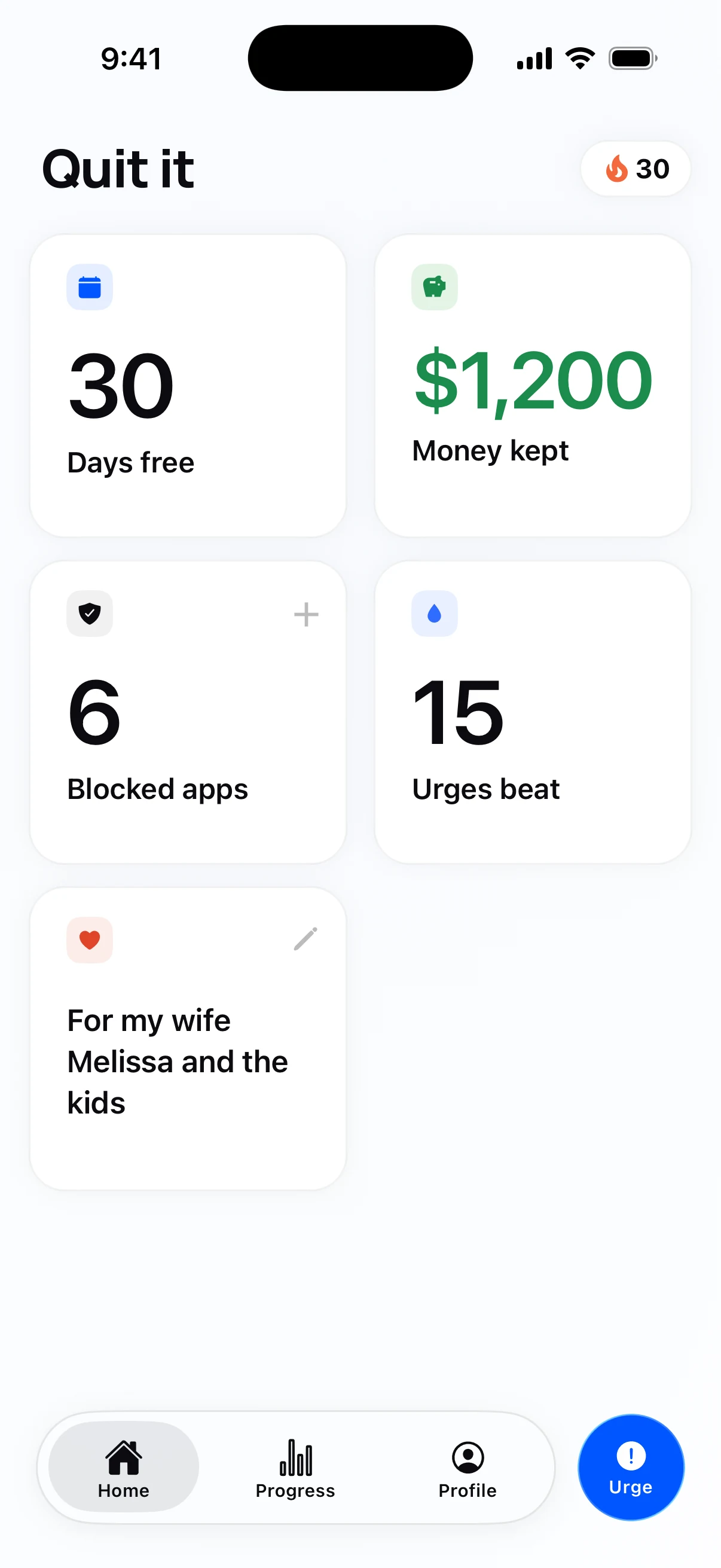 Quit it home screen showing a 30-day streak and $1,200 kept
